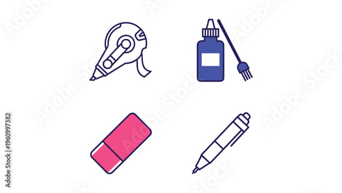 Set of four common stationery items including a stapler, glue stick, eraser, and pen