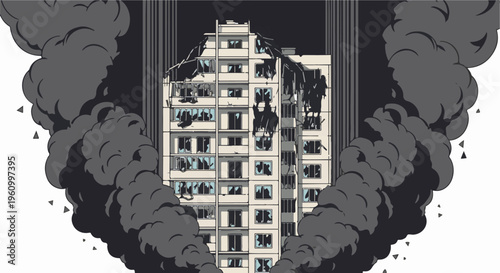 Damaged apartment building engulfed in thick dark smoke