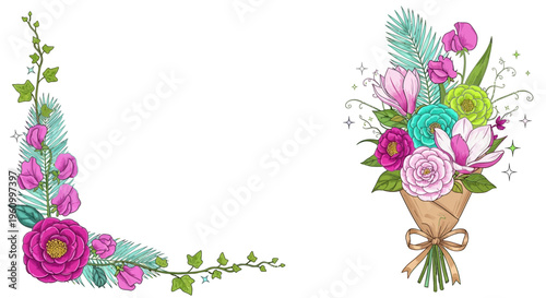 Elegant floral arrangement illustration with vibrant colors and botanical details