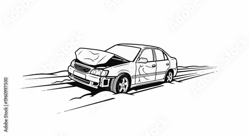 Damaged car with hood up on the road