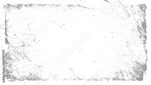 Distressed grunge rectangular frame with scattered speckles and linear scratches on white background