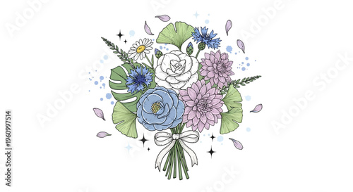 Elegant floral arrangement illustration with watercolor effect on white background