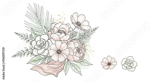 Elegant floral arrangement illustration with watercolor flowers and botanical elements