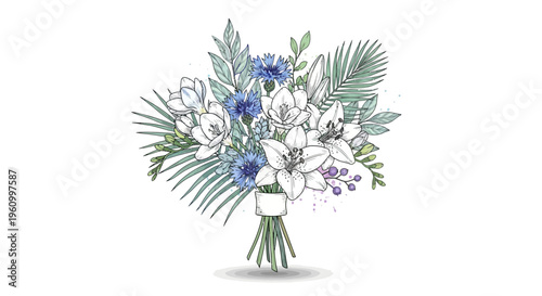Elegant floral arrangement illustration with white lilies and blue cornflowers
