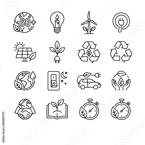 Line icons for Earth Hour and sustainable energy solutions. Visuals include renewable power, recycling, environmental protection, and eco-friendly living for a greener planet