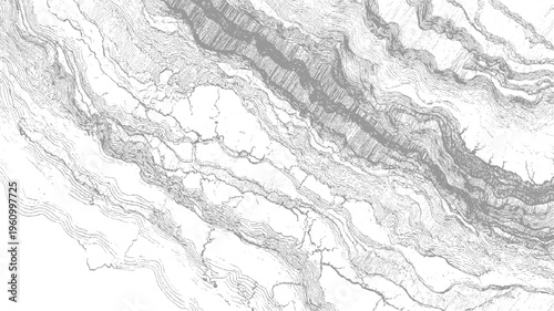 Detailed grey contour lines depicting topographical map of mountainous terrain and river valley