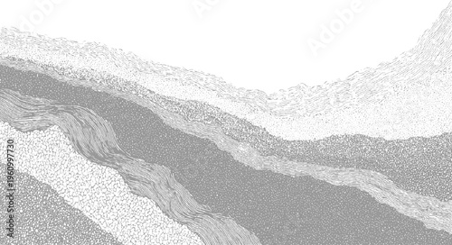 Cross section of geological strata showing layers of rock and sediment with varied textures and patterns