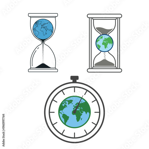 Earth's urgent clock hourglasses and stopwatch graphic. Symbolizes environmental deadlines, global awareness, and the spirit of Earth Hour sustainability