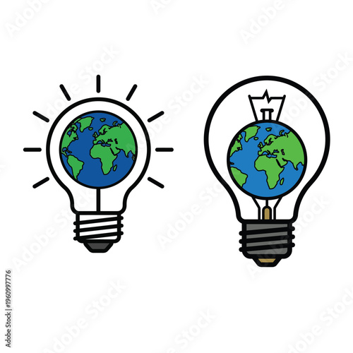 Illustrations of a light bulb with Earth inside, representing global initiatives like Earth Hour and sustainable energy solutions