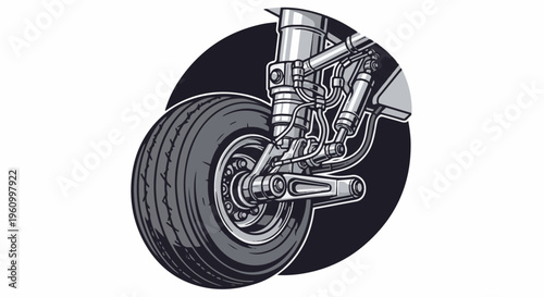 Close-up illustration of a detailed aircraft landing gear wheel and strut assembly