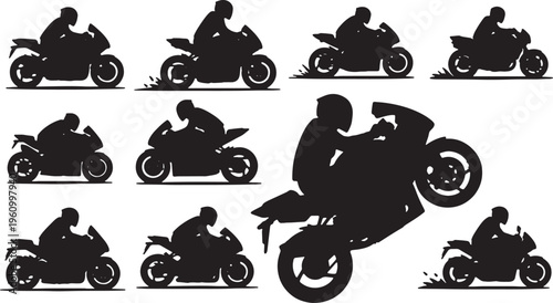 Dynamic silhouettes of motorcyclists performing various riding stunts and tricks
