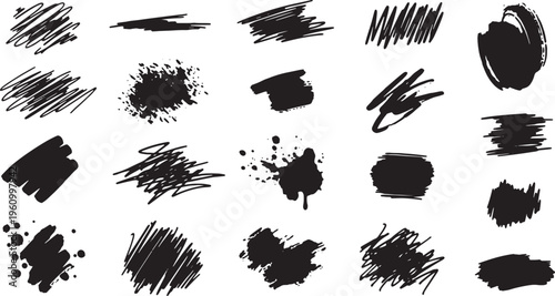 Abstract ink splatters and expressive brush stroke variations in black and white