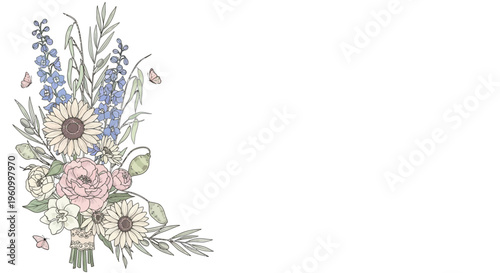 Elegant floral arrangement with sunflowers and butterflies on a white background