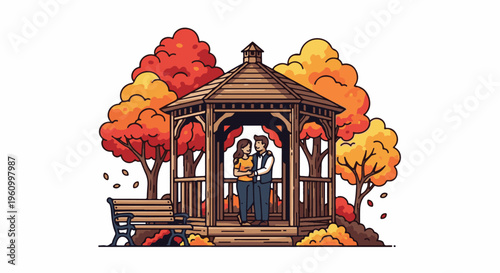 Couple embracing in a wooden gazebo surrounded by autumn trees and falling leaves