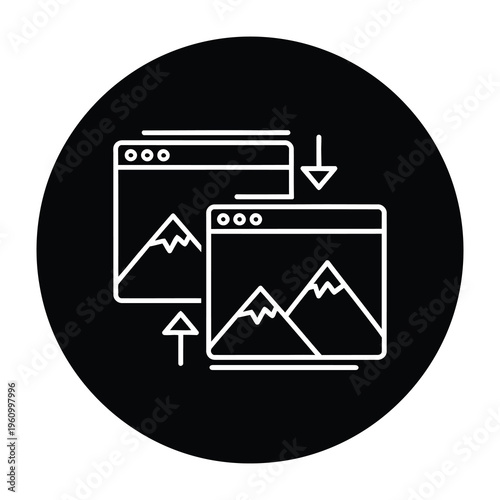 Simple line icon of two browser windows with mountains and arrows  data transfer icon