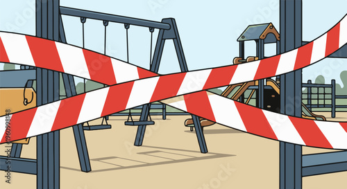 Closed children's playground blocked by red and white striped caution tape