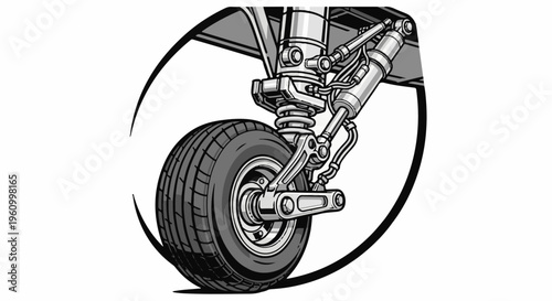 Detailed illustration of an aircraft landing gear wheel and shock absorber