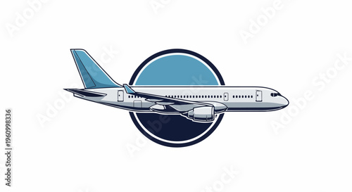 Clean illustration of a modern jet airplane in flight against a circular background