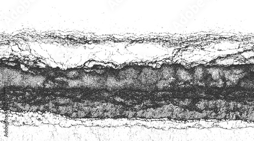 Textured horizontal bands of black and white abstract patterns resembling cracked earth or layered rock formations