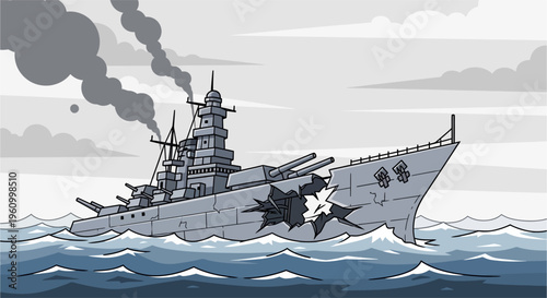 A cartoon illustration of a damaged battleship with large holes in its hull, smoking and sailing on a choppy sea.
