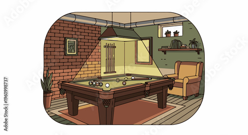 Cozy game room with pool table, armchair, and brick walls
