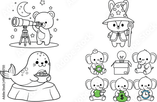 Cute cartoon animals outline collection with bear telescope, wizard bunny, seal and money themed characters, hand drawn vector illustration for kids coloring and design