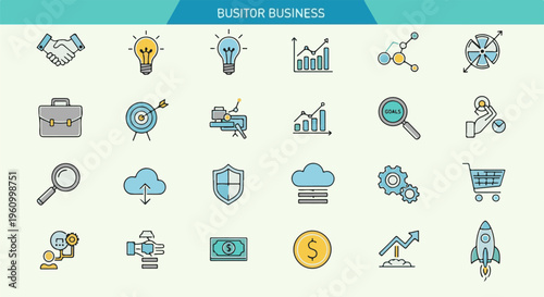 Collection of business icons with handshake, lightbulbs, and financial symbols