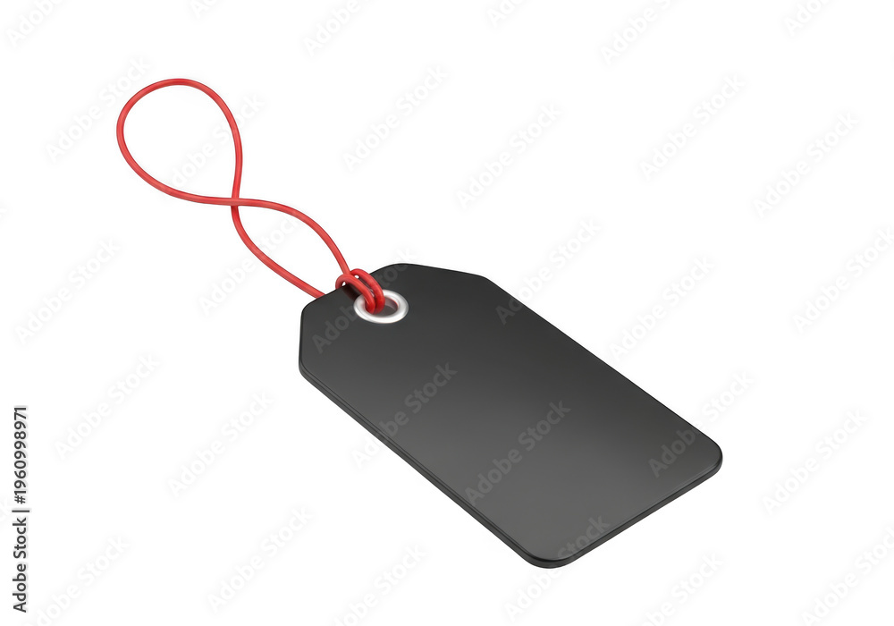 Fototapeta premium Black price tag with red string isolated on transparent background