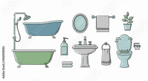 Collection of cartoon-style bathroom fixtures and accessories, including bathtubs, sink, and toilet