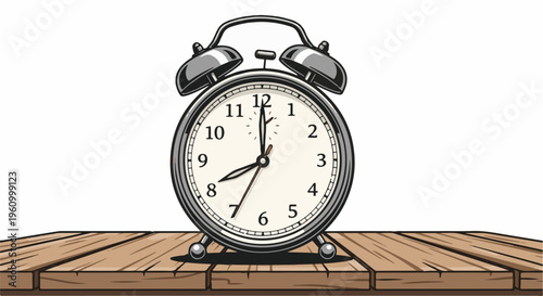 Classic alarm clock with two bells sits on a wooden surface