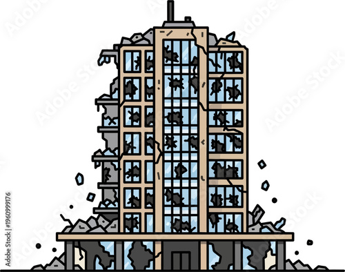 A cartoon illustration of a severely damaged high-rise building with broken windows and debris scattered around its base.