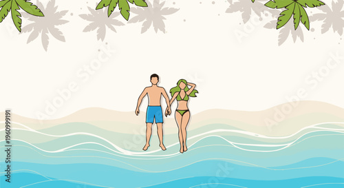 Couple in swimsuits holding hands at a sandy beach with palm fronds above