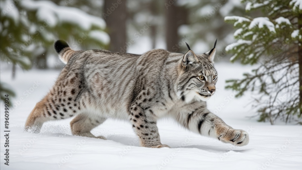 Fototapeta premium Animal - Eurasian Lynx Running Through Deep Snow in Winter Boreal Forest Among Snow Covered Pine Trees
