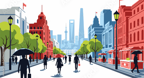 City street with people, trees, and buildings under a light sky