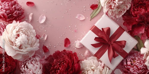 Luxury present packaging mockup with satin bow, peony flowers, and gentle confetti petals perfect for holiday promotions.
