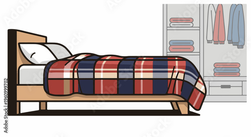 Cozy bedroom scene with a plaid blanket on a bed next to a wardrobe