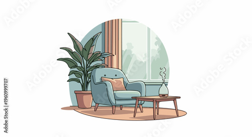 Cozy armchair beside a potted plant and essential oil diffuser by a window