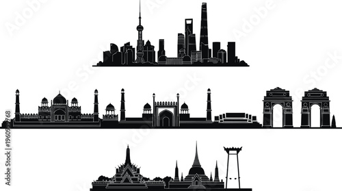 Global landmark skyline silhouettes featuring Shanghai, India monuments, and Thailand temples, black vector illustration isolated for travel, tourism, architecture, and cultural design