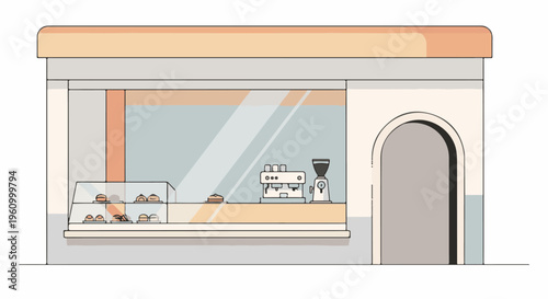 Cozy cafe interior with pastries and espresso machine in cartoon style