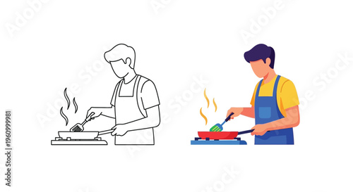 Vector illustrations of two chefs cooking with frying pans and utensils