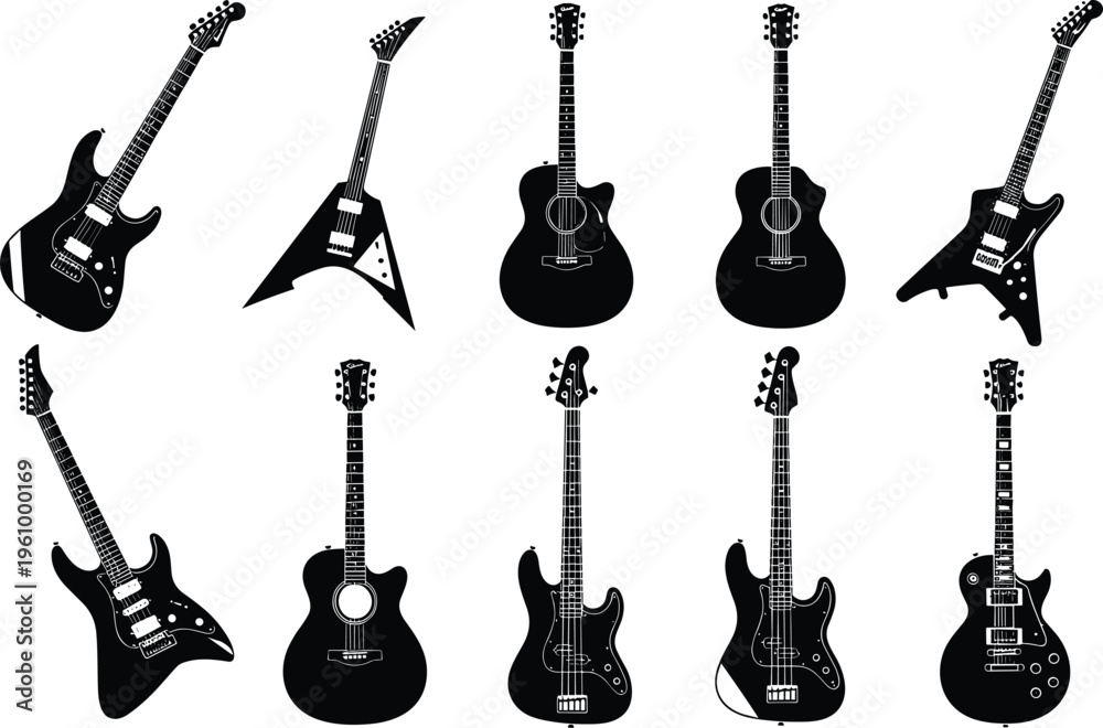 Fototapeta premium Guitar silhouettes collection featuring electric and acoustic instruments, black vector illustration isolated for music design, rock band branding, and musical equipment graphics