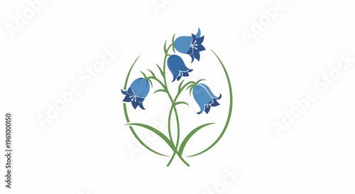 Delicate bluebell flowers with green stems and leaves in a circular frame