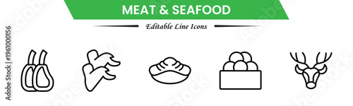 Meat and seafood icons depicting steaks, fish, shrimp, chicken, fillets, shellfish, cooking, grilling, freshness, protein, nutrition, butchery, cuisine, preparation, and ingredients.