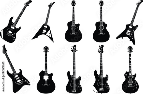 Guitar silhouettes collection featuring electric and acoustic instruments, black vector illustration isolated for music design, rock band branding, and musical equipment graphics