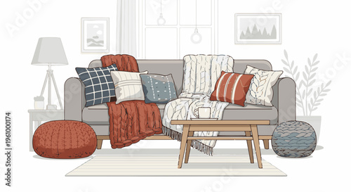 Cozy living room scene with a sofa, cushions, throws, and coffee table