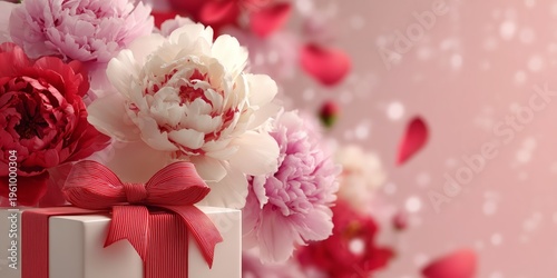 Elegant gift box with red ribbon surrounded by blooming peonies and floating petals, soft romantic pastel background