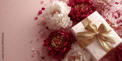 Luxury floral gift composition with golden bow, pastel peony bouquet, and sparkling confetti perfect for premium branding.