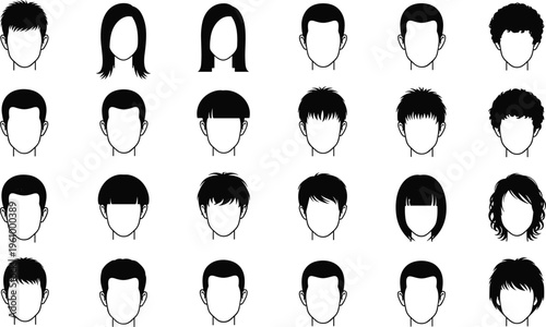 Hairstyle silhouettes collection featuring male and female haircuts with various modern and classic styles isolated on light background for avatar design