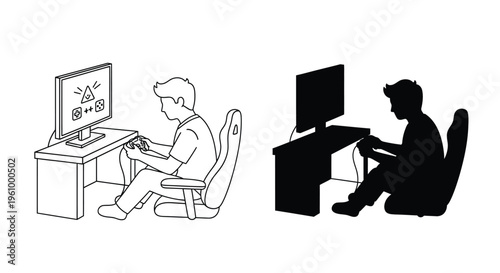 Two boys sitting at desk playing video games on computer