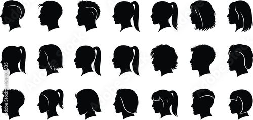 Head profile silhouettes collection featuring male and female hairstyles in side view isolated on light background for avatar design and character profile icons